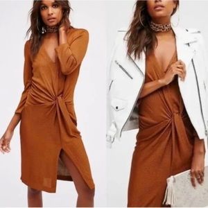 Free People Irene Twist Ribbed Knit brown Midi Dress- small